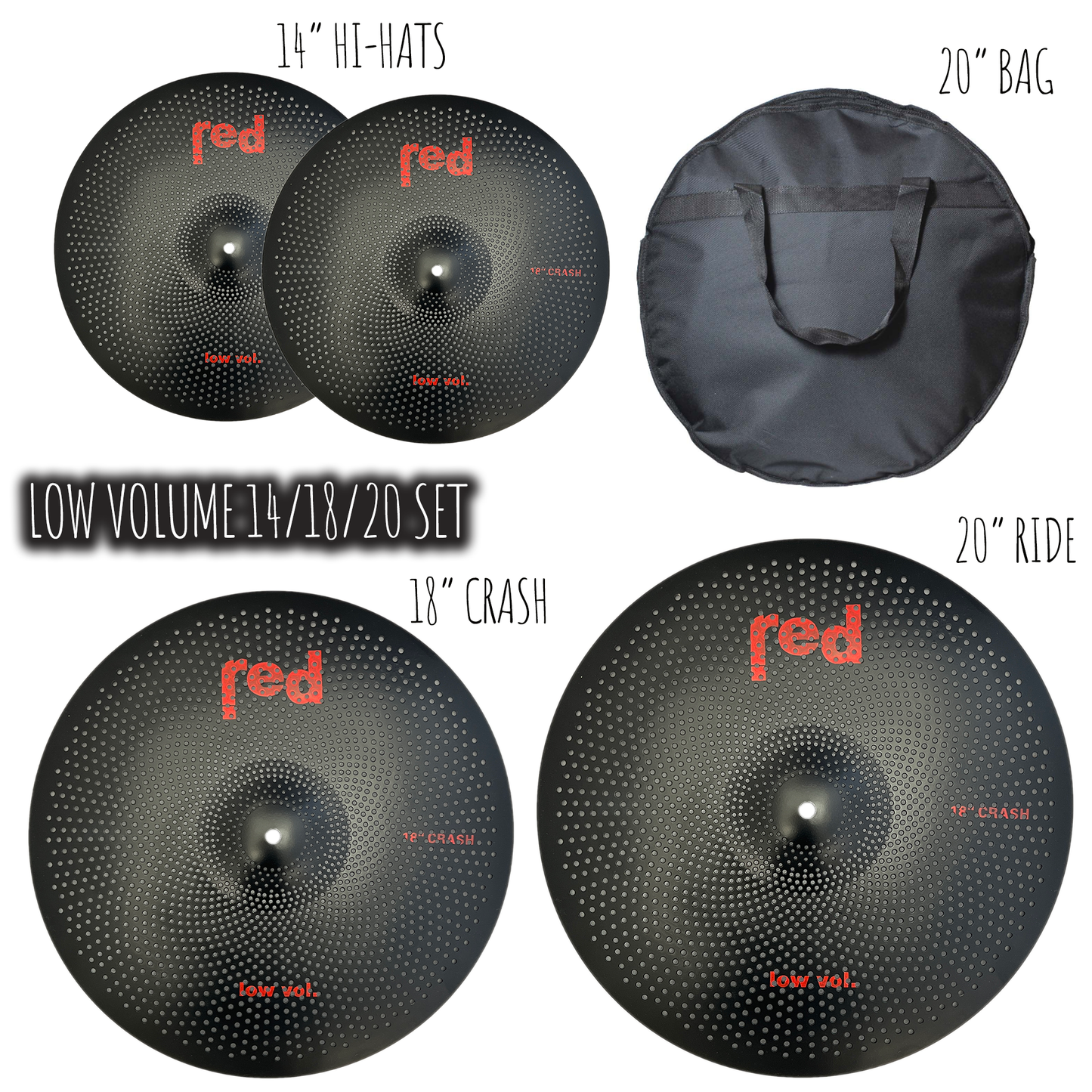 Red Cymbals Low Volume 14/18/20 Cymbal Set Black, Red or Silver with 20" Bag